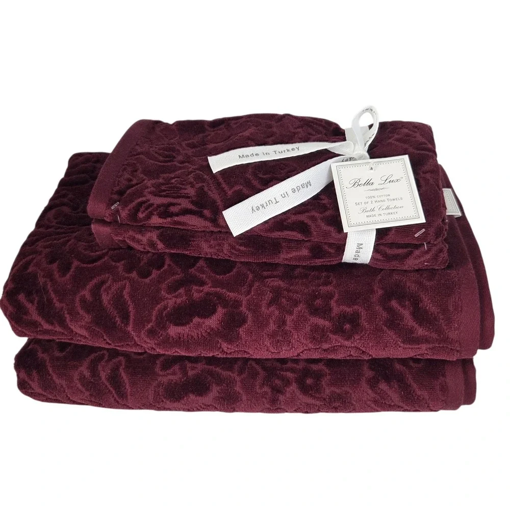 Bella Lux 4pc Turkish Cotton Velour Towel Set Merlot Floral Embossed 2Bath 2Hand